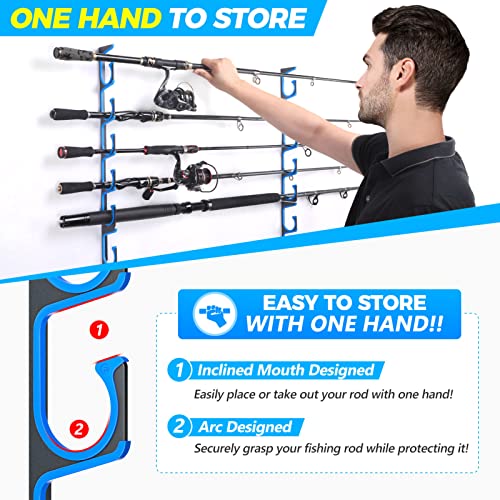 PLUSINNO H5 Horizontal Fishing Rod/Pole Holders for Garage, Wall or Ceiling Mounted Fishing Rod holder, Aviation Aluminum Fishing Pole Holder Holds up to 10 Rod or Combos or Nets Storage Racks