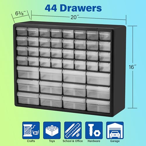 BIG RED 3 Drawer 20" Metal Tool Box Portable Steel Tool Chest with Ball-Bearing Slides & Akro-Mils 10144, 44 Drawer Plastic Parts Storage Hardware and Craft Cabinet, 20-Inch W x 6.37-Inch D