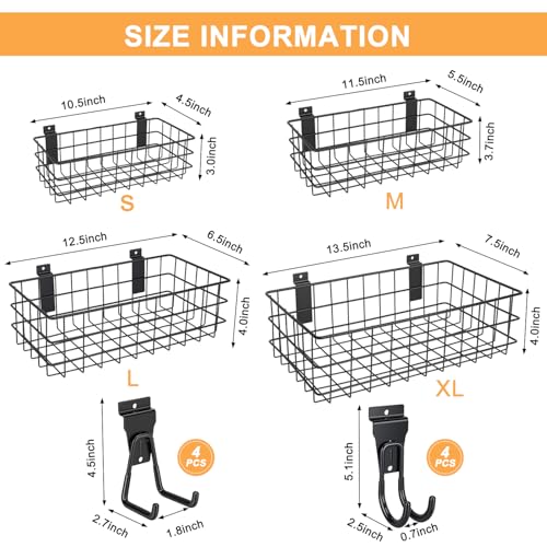 LYYUWE 12 Pack Slatwall Organizer Kit with 4 PCs Slatwall Baskets (10.5 to 13.5 Inches) and 8 PCs Slat Wall Hooks Heavy Duty, Black Steel Slatwall Accessory for Garage, Retail Display and Home Storage