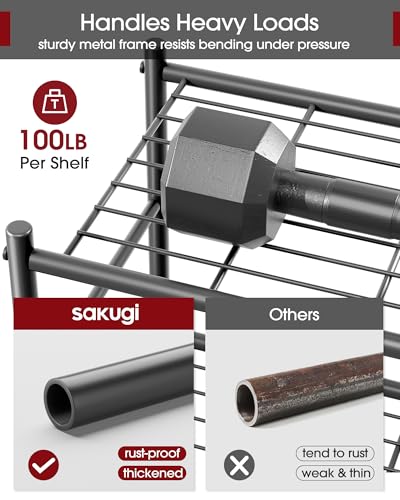 Sakugi Storage Shelves - 5-Tier Large Capacity Shelf Organizer with Hooks, Heavy-Duty Garage Shelving with Leveling Feet, Wobble-Free Rack for Bedroom, Balcony, Garage, 18.1"×12.4"×56.8", Black