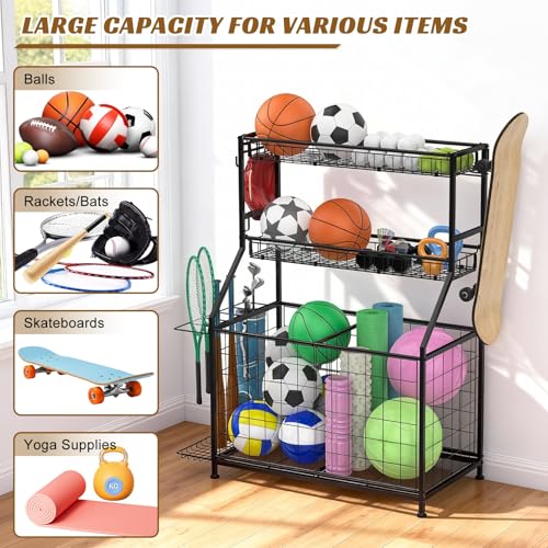 Soixehet Sports Equipment Garage Organizer,Garage Ball Storage for Sports Gear and Toys, Rolling Ball Cart with Wheels for Indoor/Outdoor Use Black