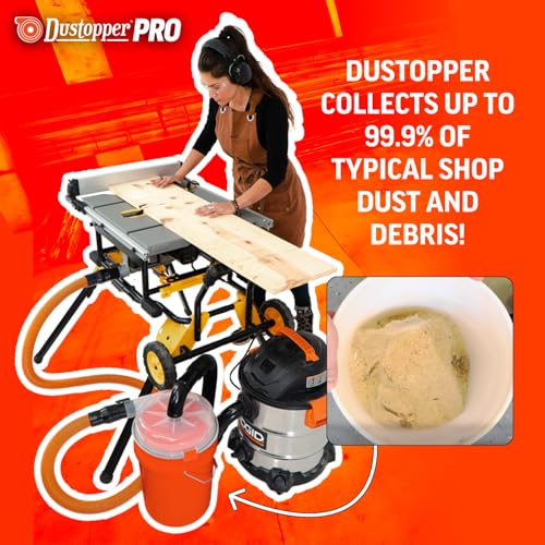 The Dustopper PRO, Low-Profile Dust Separator for Shop Wet/Dry Vacuums with at least 5HP. Includes High-Flow 90 Degree Sweep Elbows and Connection Hose. Fits Standard 5 Gallon Buckets, Made in USA