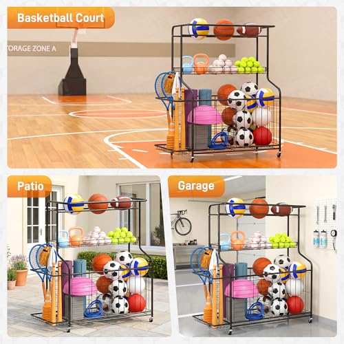 Sports Equipment Organizer -Heavy Duty Rolling Garage Storage Rack & Ball Holder, Large Capacity Cart for Outdoor Toy Storage & Garage Storage