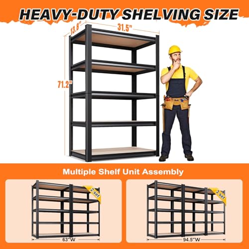 KORVENA 71.2''H Storage Shelves, 2500lbs Garage Shelving,Adjustable Heavy Duty Shelving Unit,5T Tall Garage Shelves，Wood Metal Standing Shelf Units,Utility Rack for Kitchen 71.2''H*31.5''W*13.8''D