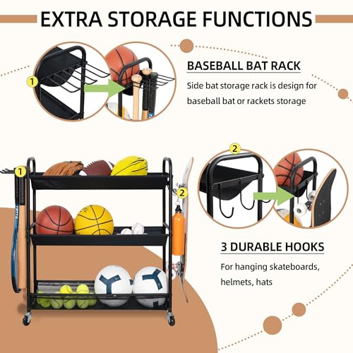 STORAGE MANIAC Basketball Rack 3-Shelf Training Stand with Wheels