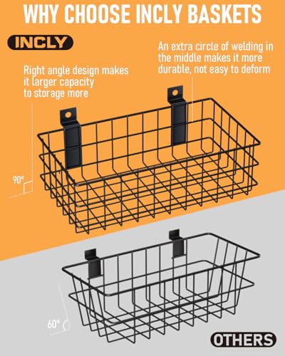 INCLY 4 Pack Black Slatwall Baskets Set, Ventilated Metal Hanging Storage Slat Wall Basket, Mounted Slatwall Accessories for Garage Rooms Shops Storage Organizing Display on Slatwall Panels