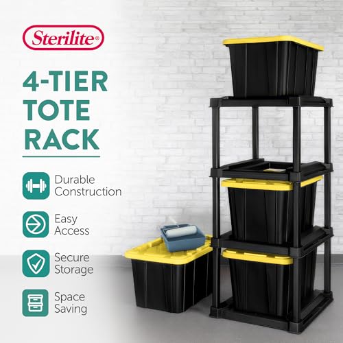 Sterilite 4 Tier Tote Rack, Vertical Plastic Storage Organizer Unit, Black - Standing Shelves for Industrial Utility Tote Organizers in Garages, Workshops, Laundry Rooms, and Basements