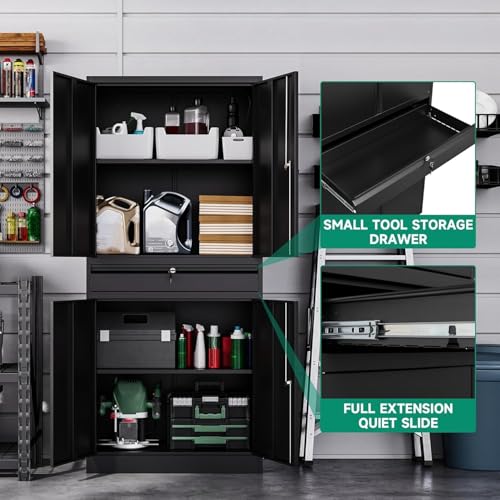 Letaya Metal Garage Storage Cabinet with Drawer,4 Door Tool Cabinet with Lock-2 Adjustable Shelves for Garage Home Office Utility Room (Black)