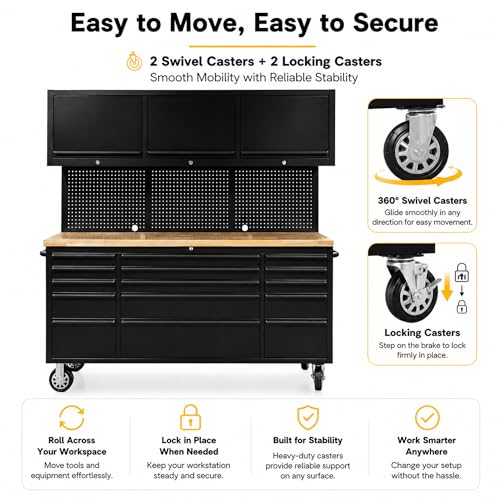 CHETTO C 72 inch Tool Chest Tool Box Mobile 15 Drawers Storage 3 Upper Cabinets SS-Pegboard Rolling Cabinet with Wheels Lock Key Locking System Drawer Liners for Garage Warehouse Repair Shop Black