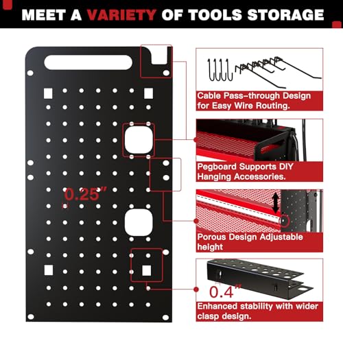 NattyDot Power Tool Organizer Wall Mount with Charging Station,Cordless Tool Organizer 8 Drill Holder, 4 Layer Storage Rack for Garage Organization,Tool Holder with 8 Outlet Power Strip (Red)