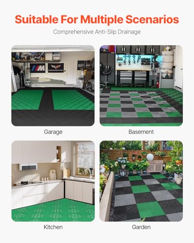 VEVOR Interlocking Drainage Mat, 50 Pcs Modular Interlocking Cushion, 12” x 12” Splicing Drainage Mats, Non-Slip PP Drainage Floor Tile and Shower Mat, for Garage, Garden, Kitchen & Outdoor, Green