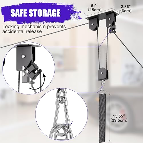 TRUSOON Bike Hoist, Heavy Duty Ebike Lift Pulley System for Garage Ceiling Overhead Storage for Bicycle, Ladders, Snowboard, Holds Up to 85 lbs Capacity, Fit 10-16 Foot High Ceilings