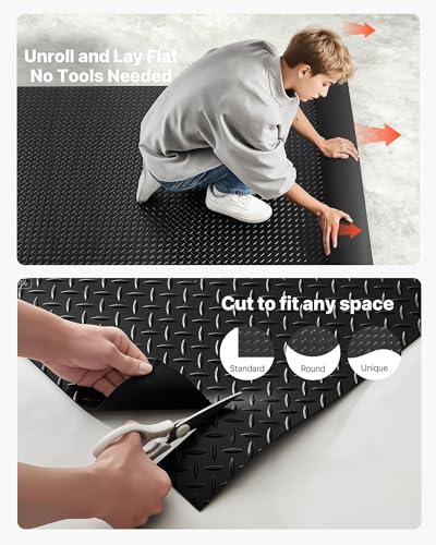VEVOR Garage Floor Roll, 4 x 25 ft Garage Flooring Mat, 3 mm Thickened Rubber Diamond Plate Floor Protector Mat, Non-Slip, Wear-Resist, Waterproof, Easy to Clean for Warehouse, Gyms,Trailer, Black
