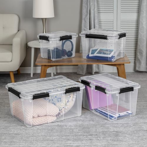 Sterilite 18 Pack 19 Qt Gasket Box, Clear Stackable Plastic Storage Container with Lids, Black - Waterproof and Dustproof Tote for Home Organization