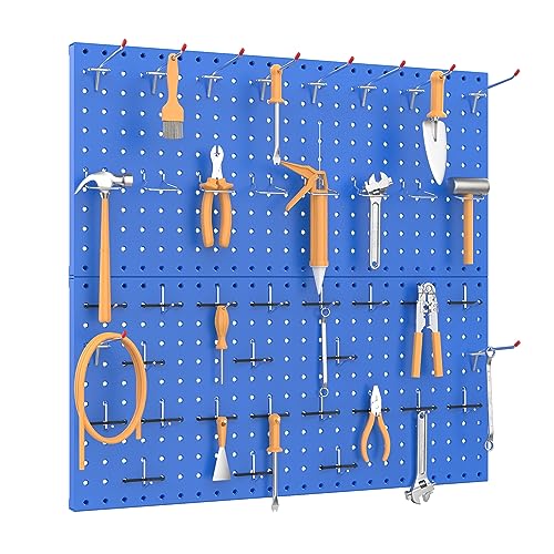 TORACK Metal Pegboard Wall Organizer 24" x 24" or 12" x 48", 70 PCS Tools Storage Pegboard for Garage Tool Organizer Pegboard with Peg Board Hooks for Workbench(Blue)