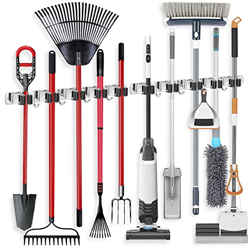 IMILLET 2 Pack Wall Mount Broom Holder Stainless Steel 5 Racks with 4 Hooks Broom Organizer Self Adhesive Heavy Duty Laundry Room, Garage Organization Storage