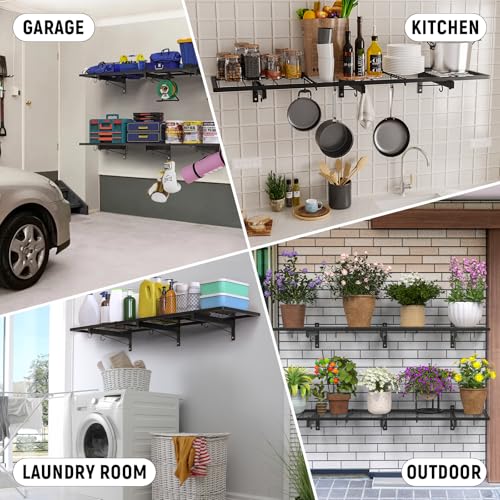 2 Pack Garage Wall Shelves, 46"X 12.5" Garage Shelving Wall Mounted, Heavy Duty Shelf Organizer with 8 Hooks, Black Floating Storage Metal Rack 320 LBS Capacity for Laundry Room, Office, Basement