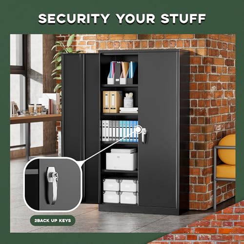 Greenvelly 72" H Metal Storage Cabinet, 36" W x 18" D Black Locking Metal Garage Storage Cabinet with Doors and 4 Adjustable Shelves, Lockable Steel Cabinets for Home Office, Garage, Shop, School