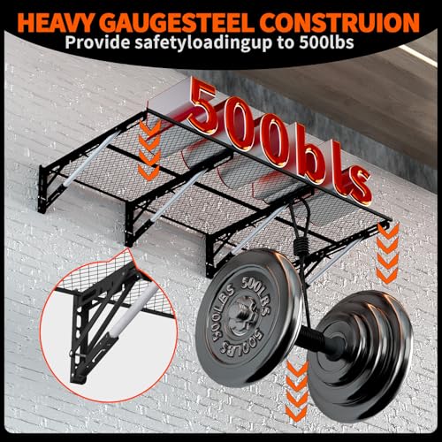 Lamorland Heavy Duty Foldable Garage Storage Shelves Wall Mounted Metal Rack Unit Organizer with Removable Edge Barriers, Adjustable System for Corner Wall Use, 52.76 Inch Long 24.45 Inch Large