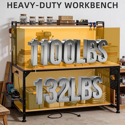 DWVO 59in Large Adjustable Height Workbench with Pegboard, 1100lb Heavy Duty Work Bench on Wheels, 59"x31" Work Table with AC/USB Outlet, Storage Shelf, LED Light, Hooks, for Garage, Workshop, Home