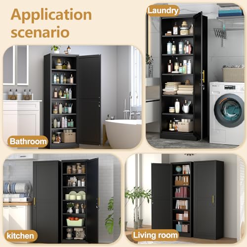 Lusiwry Tall Narrow Slim Metal Storage Cabinet with Lock and 5 Adjustable Shelves,Steel File Cabinets,Kitchen Pantry Cabinet Locker Organizer - 67" Storage Cabinets for Bathroom,Bedroom,Office,Black