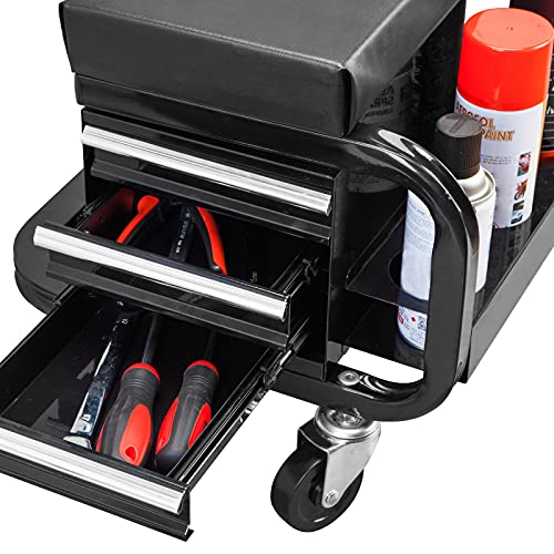 Torin APD2016AB Rolling Tool Chest/Tool Box with 3 Drawers and Wheels, Padded Mechanic Stool Creeper Seat, Black