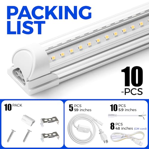 Barrina LED Shop Lights 4FT, 40W 5500LM 5000K Daylight White, T8 LED Garage Lights, V Shape, Clear Cover, High Output Tube, Linkable 4 Foot LED Strip Light for Workshop, Warehouse with Plug, 10 Packs