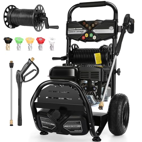 Professional 4200PSI 4GPM 212CC Gas Pressure Washer, 7.0HP Heavy-Duty 3600RPM Commercial Gas Power Washer with 10" Wheels 3000ML Foam Bottle 5 Nozzles 33FT Hose Reel (EPA/CARB/ETL Compliant), Black