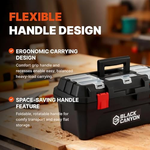Black Canyon 17 Inch Plastic Tool Box, Support up to 44 lbs,Dual-Layer Design, Flexible for Stacking, Top-Lid Storage, Ideal for DIY, Workshop