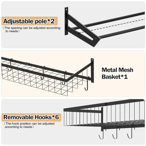 Ball Metal Holder Wall Mount Sports Organizer with 3Tier Shelf Garage Basketball Rack for Balls, Multi-Purpose Wall Ball Storage, Racks for Garage, Equipment Organizer with 6 Hooks, Metal Black（black）