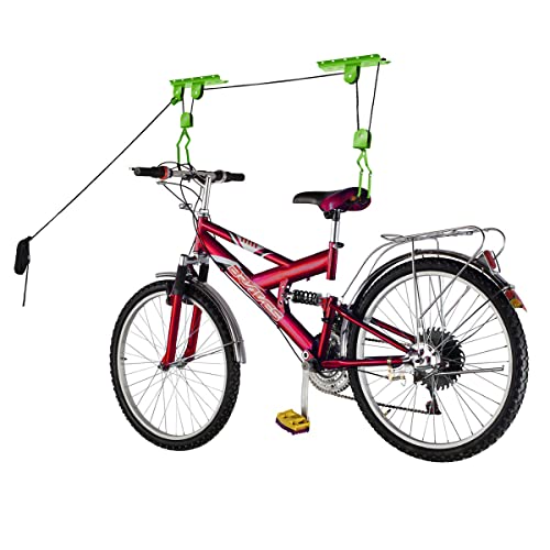 Bike Hanger Set - Set of 2 Overhead Pulley System Bike Hangers for Garage or Shed with 100lb Capacity for Bicycles or Ladders by Rad Sportz (Green)