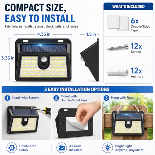 [6 Packs] Solar Motion Sensor Outdoor Lights, Super Bright Solar Lights Outdoor Waterproof, 3 Lighting Modes Security Wall Light for Outside Walking Dog Fence Backyard Deck Garden Door Step Garage