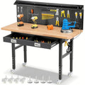 ENJOYWOOD 60" x 22" Heavy Duty Workbench Adjustable Height Garage Work Table with Solid Rubberwood Top, Wheels, Drawers, Pegboards & Power Outlets for Workshop, Home & Office