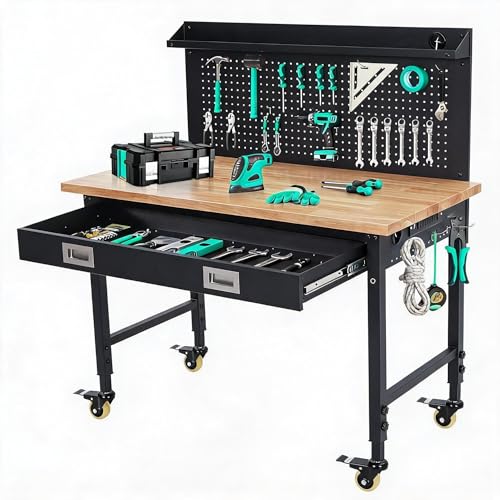 48" Adjustable Heavy Duty Workbench, 2000LB Capacity Solid Hardwood Top Work Bench with Wheels and Power Outlets, Mobile Rolling Garage Workstation for Workshop, Home Office & DIY