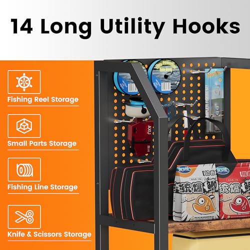 Fishing Rod Holders for Garage, Convenient Pegboard with 14 Long Utility Hooks, Fishing Rod Rack Up to 16 Rods, 3 Tier Fish Pole Stand with Fishing Reel Holders & 8 Hooks for Fishing Gear Accessories
