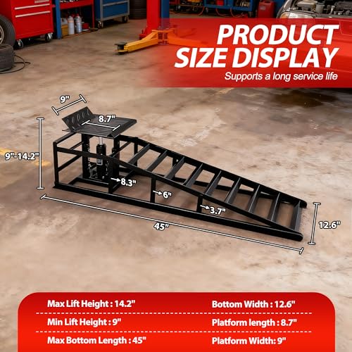 LOCKIETTA 2 PCS Hydraulic Car Ramp, 11065LBS 5T Heavy Duty Car Ramps with Hydraulic Jack, Steel Car Ramps for Oil Changes High Lift 9"-14.3" for Home Garage, Vehicle Truck Repair, Black