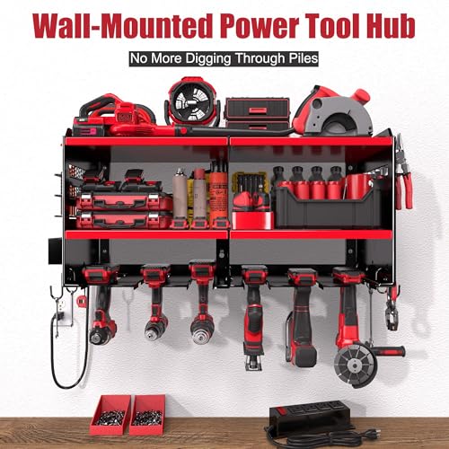 Spampur Fathers Day Gift – Power Tool Organizer Wall Mount with Charging Station, 420 lb Capacity 3-Tier Storage Rack Holds 6 Drills, Side Slots for Screwdrivers & Bits, Garage Storage for Men Gifts