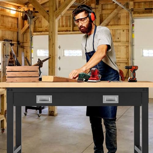 48” Adjustable Workbench with Drawer Storage, 2000 LBS Load Capacity Heavy Duty Workstation with Power Outlets, Rubber Wood Top Worktable for Garage, Office,Workshop, Commercial