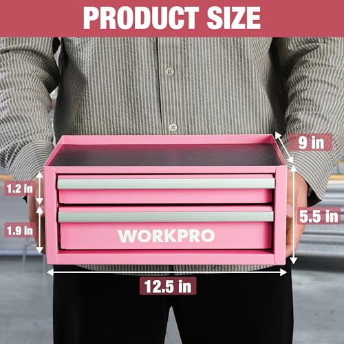 WORKPRO 12.5" Mini Tool Box with 2 Drawers & 1 Open Top Storage, Small Metal Tool Chest with PVC Liners & PP Feet Pads, Cold Rolled Steel Toolbox with Drawer Liners & Magnetic Tabs - Pink Ribbon