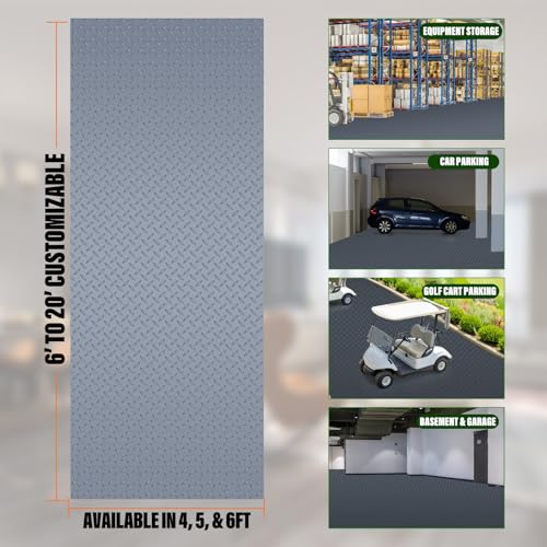SEAL 4 x 8 FT Premium Garage Floor Mat, Solid 2.8mm Thick Lay-Flat Gray Commercial Grade Heavy Duty Parking Mat for Golf Cart, Workbench, ATV, Water/Stain Resistant Runner (Embossed Diamond Plate)