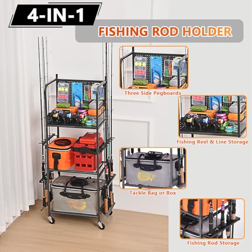 Lezbanz Heavy Duty Fishing Rod Rack with Pegboard & Hooks, Fishing Organizer for Garage Holds Up to 10 Rods, 3-Tier Fishing Gear Holder for Garage with Movable Wheels