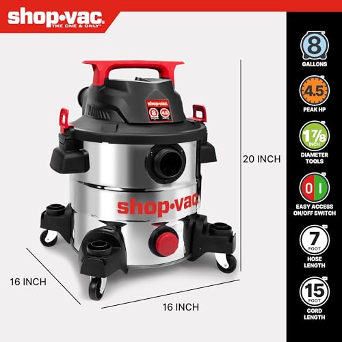 Shop-Vac 8 Gallon 4.5 Peak HP Wet/Dry Vacuum, Stainless Steel Tank, Portable with Drain Port, Blower Port, Hose and Accessories for Garage, Workshop, Jobsite, and Patio