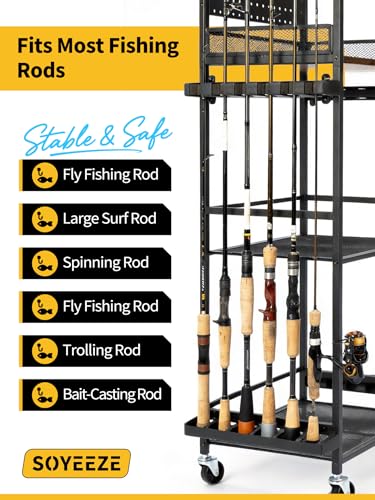 SOYEEZE Fishing Rod Holders for Garage, Fishing Pole Holders Up to 12 Rods with Pegboard and Hooks,Rolling Fishing Cart with Wheels, Fishing Gear Storage For Tackle Box & Reel Organization