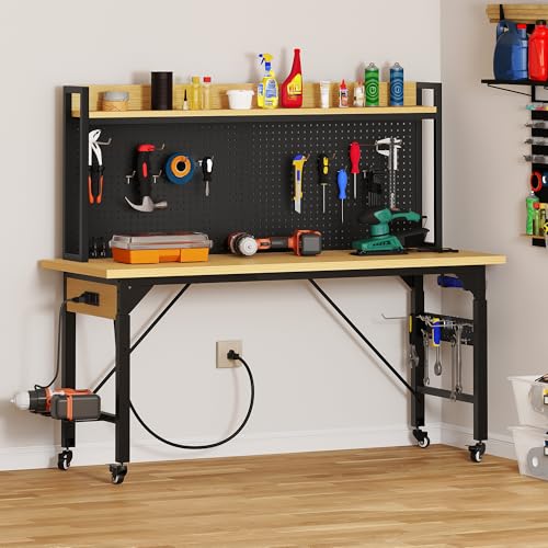 YITAHOME 60" Adjustable Workbench with Pegboard, Wheels & 1600 LB Capacity, Rolling Work Table with AC/USB Outlets, Hooks, and Rack, Heavy-Duty Work Bench for Garage, Workshop, Office, or Home