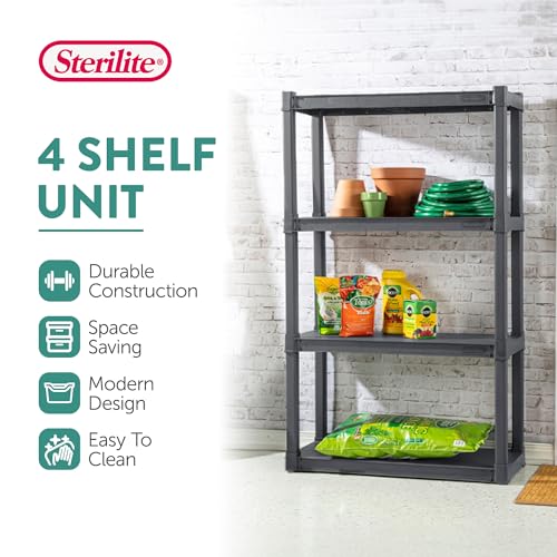 Sterilite 4 Shelf Plastic Storage Unit Bundled with Easy to Assemble Storage Cabinet for Garage, Pantry & Kitchen Organization, 4 Shelves, Gray