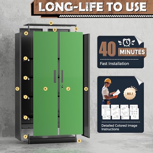 INTERGREAT Metal Lockable Storage Cabinet, 72” Storage Cabinet with 2 Doors and 4 Adjustable Shelves for Office, Home, Garage, Pantry (Assembly Required, Black Green)