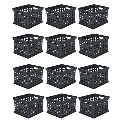 Sterilite Stackable Plastic Storage Crate Bin Organizer File Box with Handles for Home, Office, Dorm, Garage, or Utility Organization, Black, 12-Pack