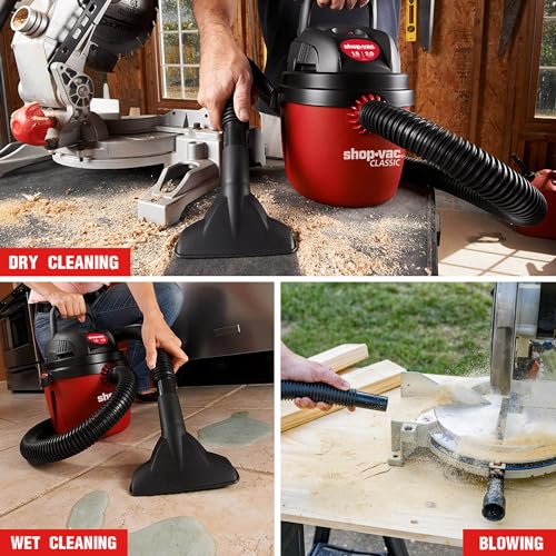 Shop-Vac 1.5 Gallon 2.0 Peak Wet Dry Vacuum, Portable Compact Shop Vacuum with Collapsible Handle Wall Bracket & Attachments, ‎2030100
