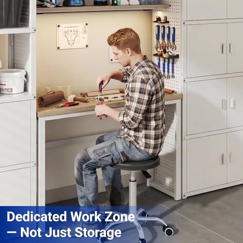 FLEXIMOUNTS Modular Garage Storage Cabinet System, All-in-One Garage Cabinet Set with Workbench & Pegboard, 6-Door with Open Shelf Access Heavy Duty Steel Tool Organization System, White, FLEXIMOD