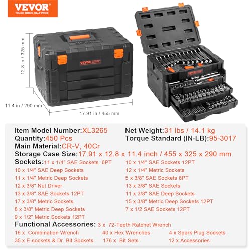 VEVOR Mechanics Tool Set and Socket Set, 1/4" 3/8" 1/2" Drive Deep and Standard Sockets, 450 Pcs SAE and Metric Mechanic Tool Kit with Bits, Combination Wrench, Hex Wrenches, Accessories, Storage Case